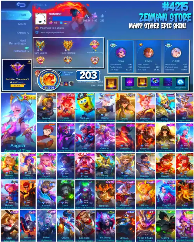 Jual 🔥#4215 💎203 SKIN 👑Angela Avatar of Time ⚔️Nana Mobile Legends ZenVan.Store | VCGamers