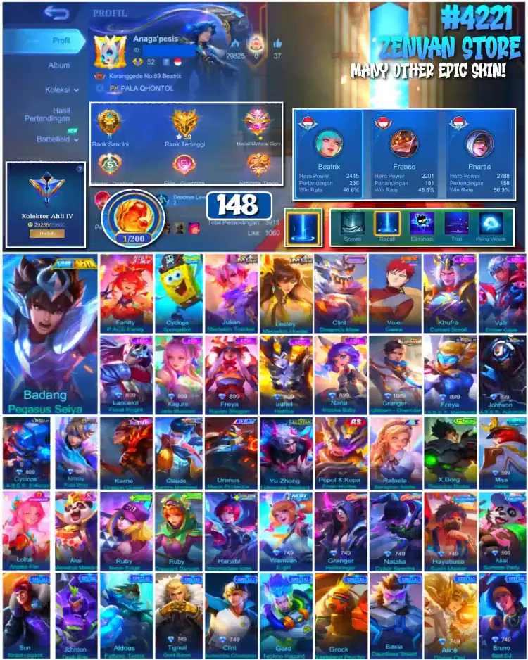 Jual π₯#4221 π148 SKIN πBadang Pegasus Seiya βοΈFranco Mobile Legends ZenVan.Store | VCGamers