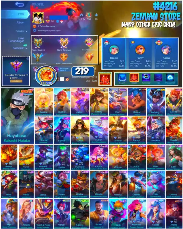 Jual 🔥#4216 💎219 SKIN 👑Hayabusa Kakashi Hatake Mobile Legends ZenVan.Store | VCGamers