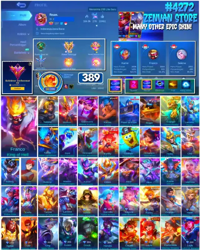 Jual 🔥#4272 💎389 SKIN 👑Franco King of Hell (LEGEND) Mobile Legends ZenVan.Store | VCGamers