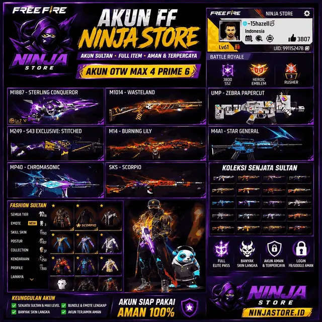 Jual Akun Free fire sultan Ber Max Free Fire NINJA STORE | VCGamers