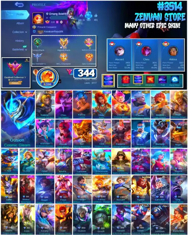Jual 🔥#3514 💎344 SKIN 👑Legend Gusion ⚔️Prime Claude Mobile Legends ZenVan.Store | VCGamers