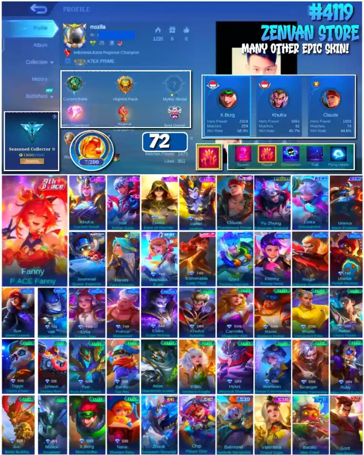 Jual π₯#4119 π72 SKIN π9th P.ACE Fanny βοΈEpic Khufra Mobile Legends ZenVan.Store | VCGamers