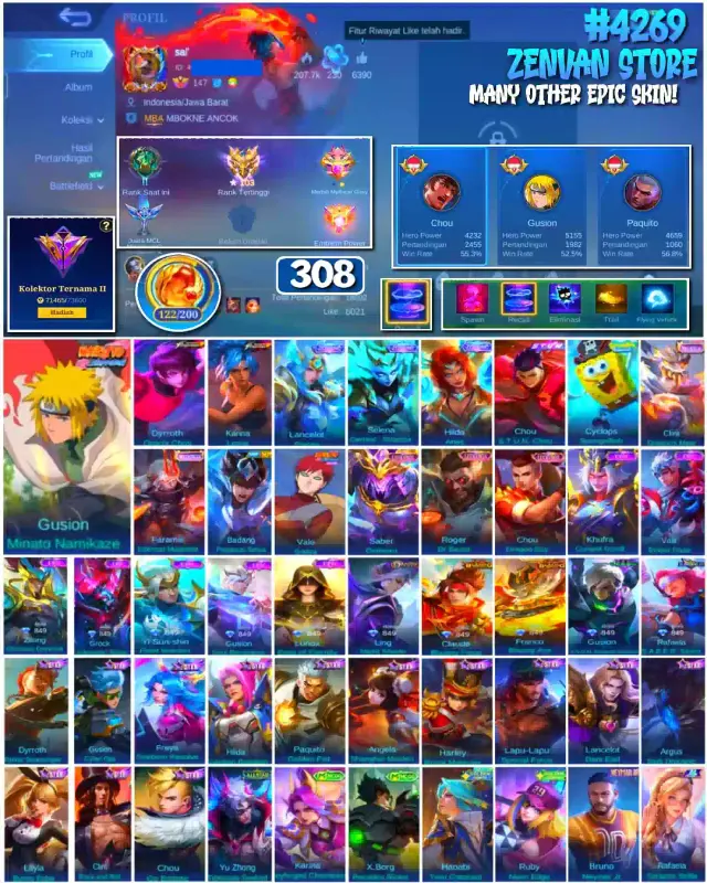 Jual 🔥#4269 💎300+ SKIN 👑Gusion Minato Namikaze Mobile Legends ZenVan.Store | VCGamers