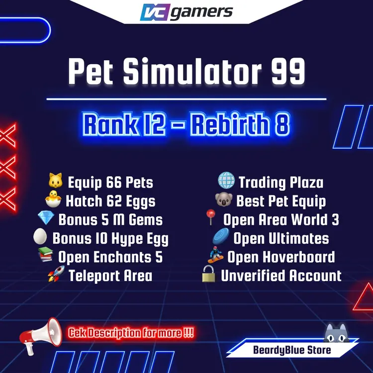Jual Akun Pet Simulator 99 | Rank 12 | Equip 66 Pets | Free 5 M Gems | Free 10 Hype Egg | Unverified Account Roblox BeardyBlue Store | VCGamers