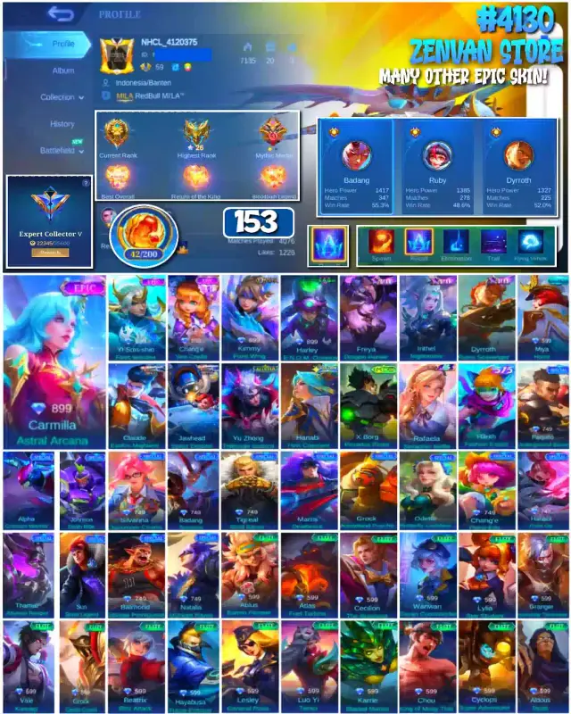 Jual 🔥#4130 💎153 SKIN 👑Epic Carmilla Astral Arcana Mobile Legends ZenVan.Store | VCGamers