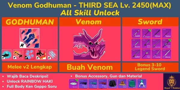 Jual Akun Blox Fruit Venom + Melee v2 Lengkap Roblox Royal Roblox ID | VCGamers