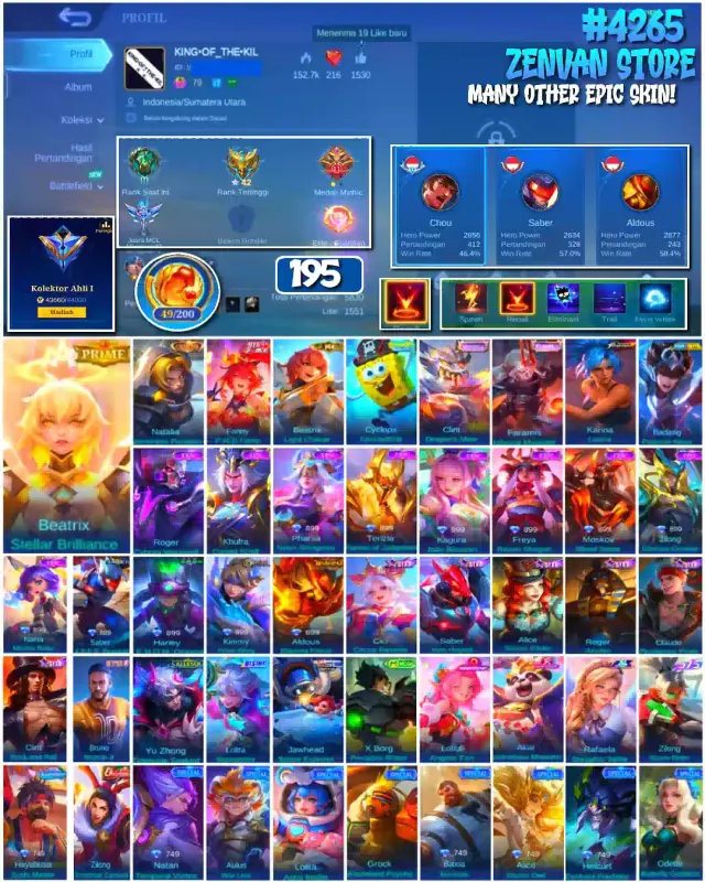 Jual 🔥#4265 💎195 SKIN 👑Beatrix Stellar Brilliance Mobile Legends ZenVan.Store | VCGamers