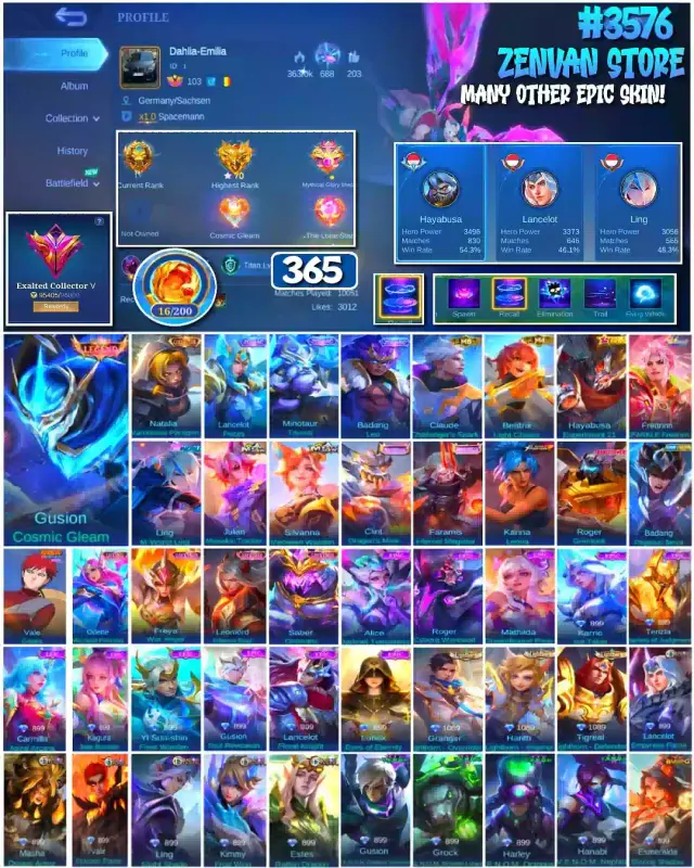 Jual 🔥#3576 💎365 SKIN 👑Legend Gusion ⚔️M-World Ling Mobile Legends ZenVan.Store | VCGamers