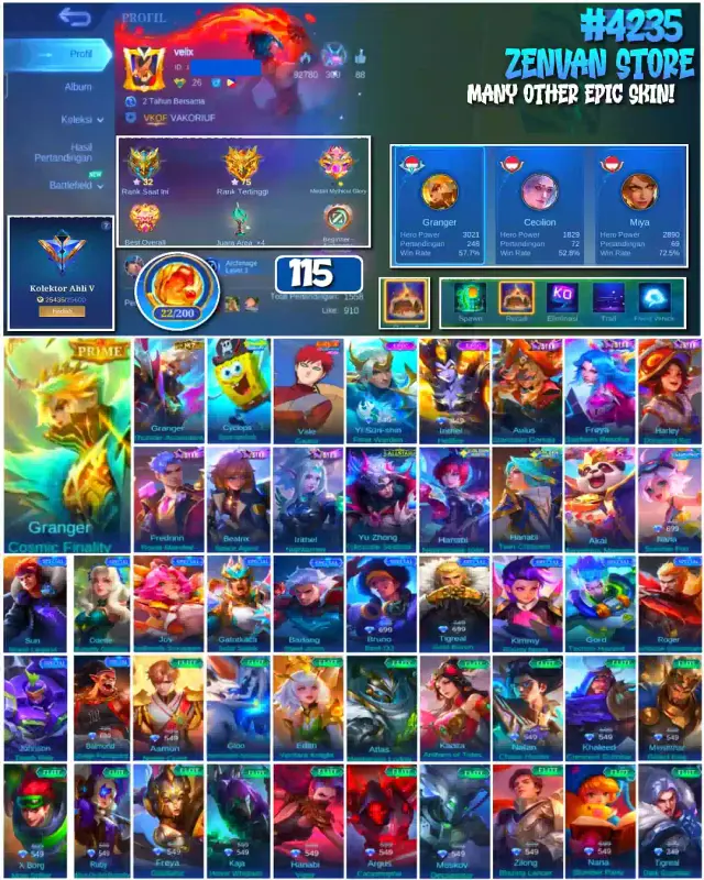 Jual 🔥#4235 💎115 SKIN 👑Granger Cosmic Finality Mobile Legends ZenVan.Store | VCGamers