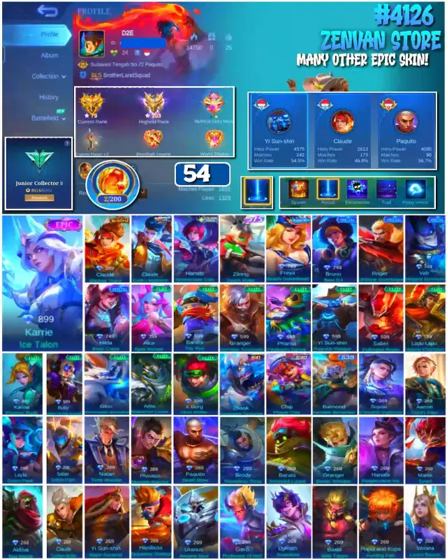 Jual 🔥#4126 💎54 SKIN 👑Epic Karrie Ice Talon Mobile Legends ZenVan.Store | VCGamers