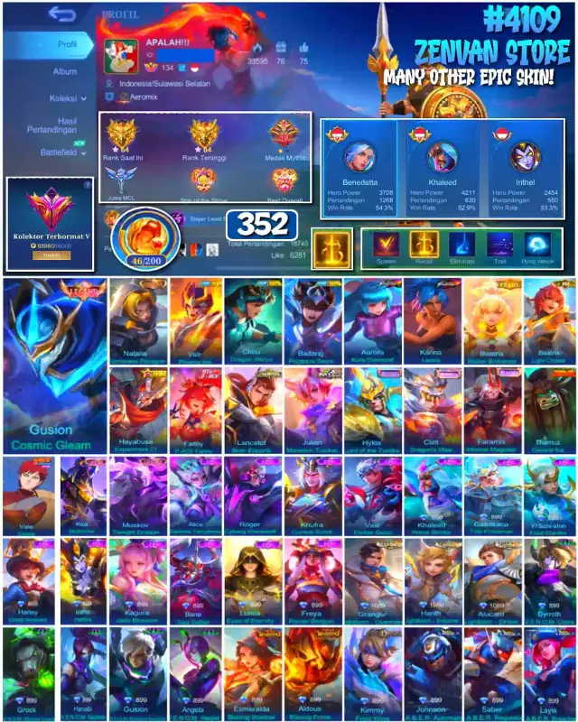 Jual 🔥#4109 💎352 SKIN 👑Legend Gusion Cosmic Gleam Mobile Legends ZenVan.Store | VCGamers