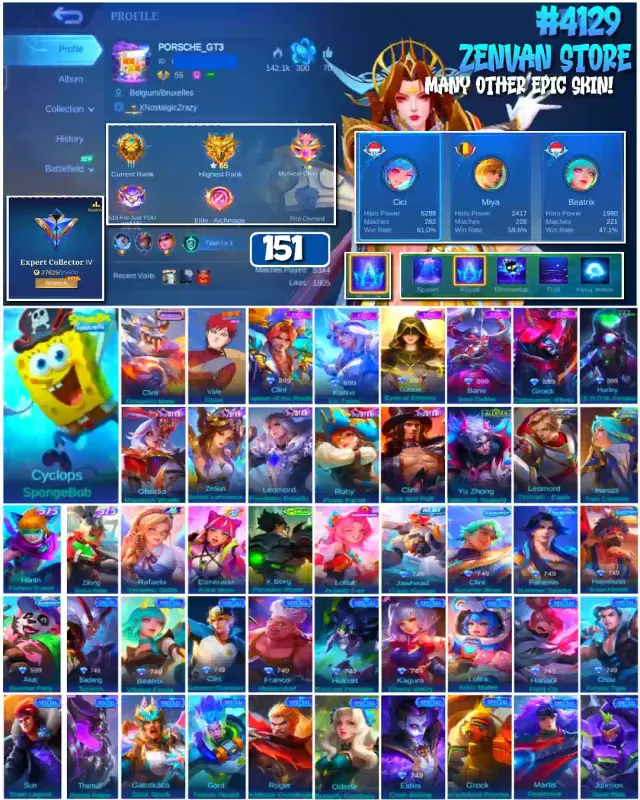 Jual 🔥#4129 💎151 SKIN 👑SpongeBob Cyclops ⚔️Bane Soul Mobile Legends ZenVan.Store | VCGamers
