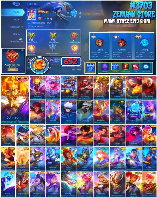 Jual 🔥#3703 💎652 SKIN 👑3 Legends ⚔️4 Collectors Mobile Legends ZenVan.Store | VCGamers
